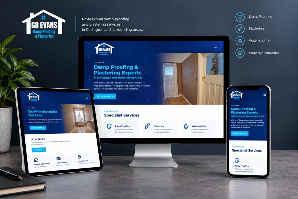GD Evans Damp Proofing and Plastering website design shown on desktop, tablet and mobile