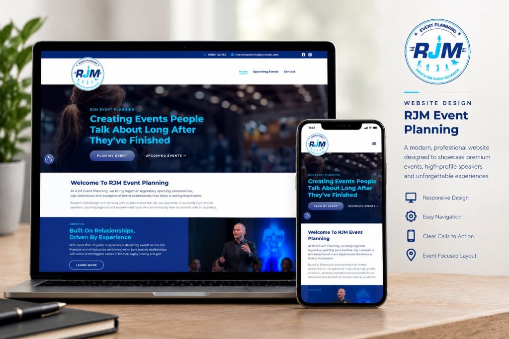 RJM Event Planning responsive website design shown on laptop and mobile
